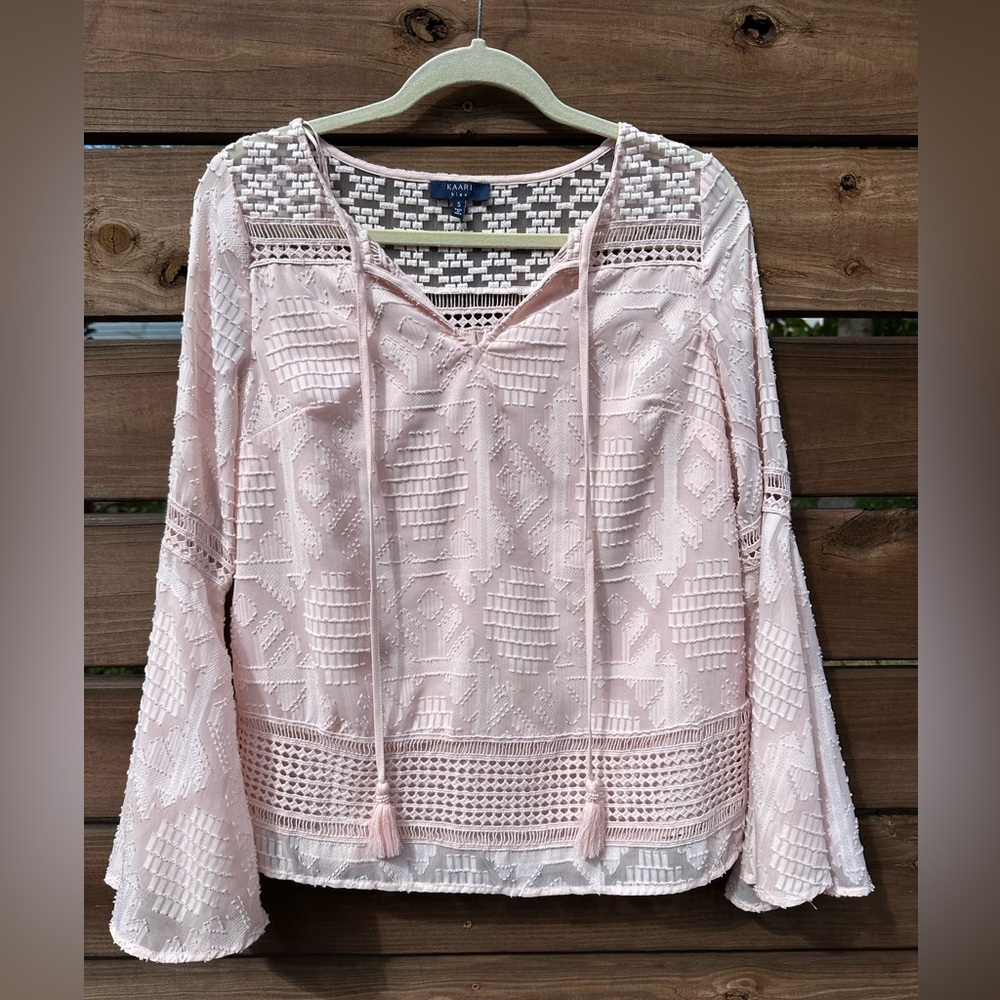 Kaari Blue Boho Blouse Pink Textured Fabric with Bell Flared Sleeves